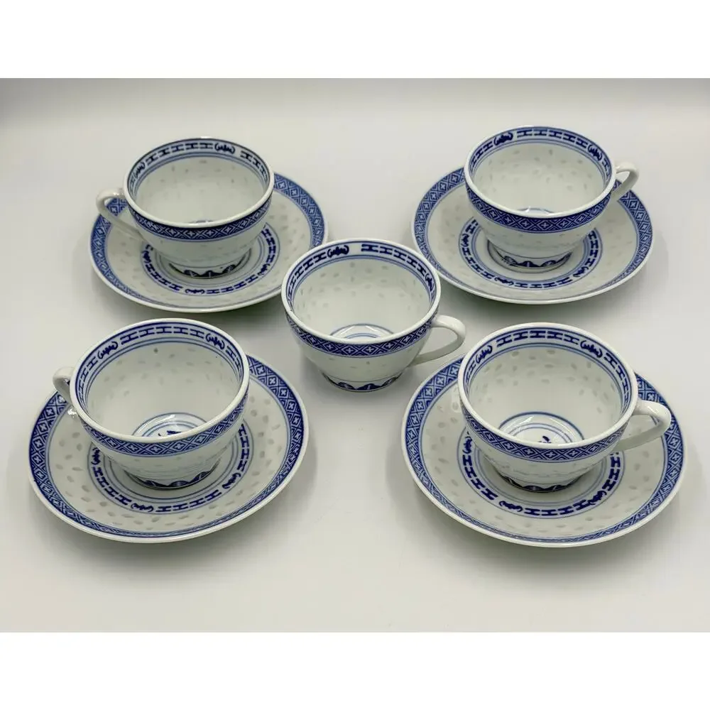 Jingdezhen Rice Eye Grain Cups & Saucers Blue & White Porcelain 9pc Set